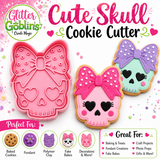 Promotional graphic for the Glitter Goblins Create Magic Cute Skull Cookie Cutter. The image shows the pink plastic skull-shaped cookie cutter on the left, and two decorated skull cookies with matching bows on the right.
